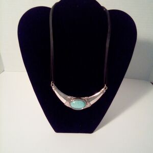 Faux Turquoise Silver Tone Faux Leather Look Cord Bib Necklace Lobster Clasp
